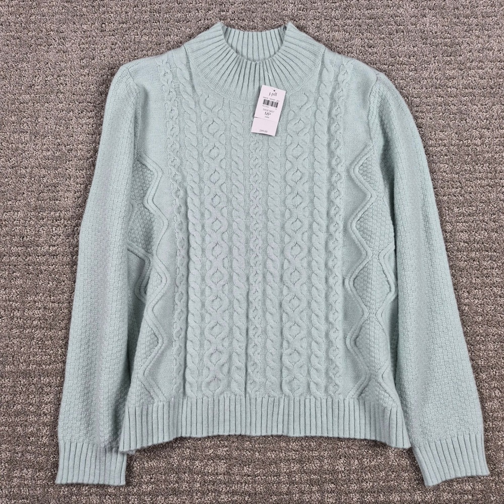 J Jill Sweater Womens MP Sage Mist Mixed Cable Knit Mock Neck Cotton Blend NWT